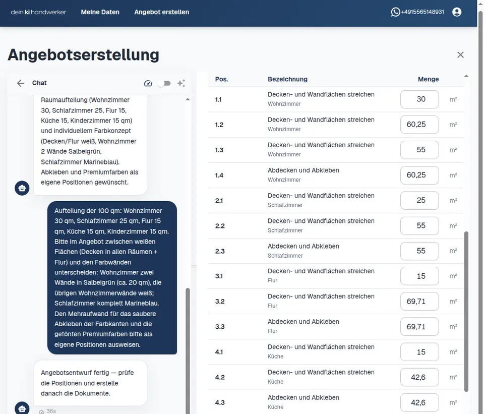 Automatisch erzeugte Angebotspositionen in der App